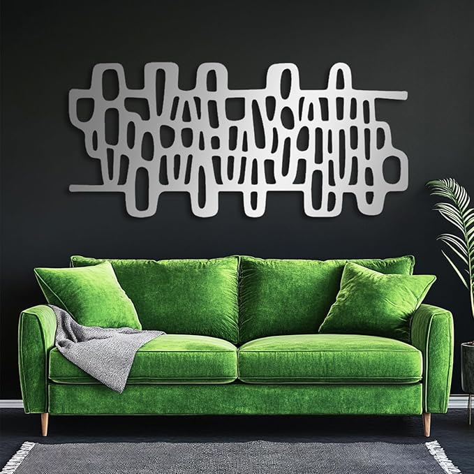 Cadeali Abstract Geometric Metal Wall Art, Modern Circles Metal Decor, Minimalist Line Art, Long Narrow Sign, Luxury Modern Artwork for Living Room, Farmhouse, Office (Silver, 59"x27" | 150x69cm)