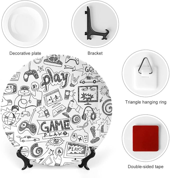 10 Inch Decorative Plate, Video Games Dinner Plate, Monochrome Sketch Style Gaming Design Print Ornament Display Plate for Fine Dining, Upscale Events, Dinner Parties, Weddings, Catering Christmas