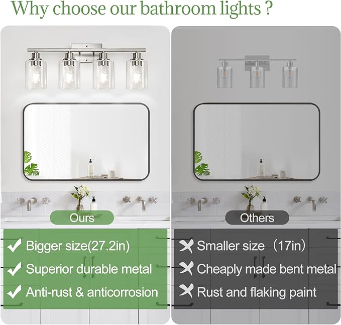 4-Light Bathroom Light Fixtures, Vanity Light with Clear Glass Shades, Brushed Nickel Bathroom Light Fixtures Over Mirror, Modern Bathroom Wall Lamp for Mirror Living Room Cabinet Bedroom