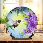 ALALAL Small Bird Hummingbird Pink&Purple Flowers Decorative Plate Decorative Ceramic Plates Home Wobble-Plate with Display Stand Decoration Household Plates Decorative - 10 inch