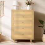 VEVOR 5 Drawer Rattan Dresser, 46" Tall Dresser for Bedroom, Boho Dresser Chest of Drawers with Gold Handles & Wooden Legs, Wood Clothing Storage Closet for Nursery, Living Room, Hallway, Natural Oak