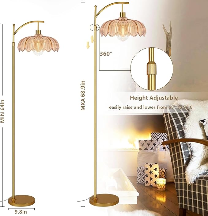 Glass Floor Lamp for Living Room,Bedroom,Gold Dimmable Standing Lamp with Remote,Mid Century Modern Brass Tall Lamp Boho Floor Lamps Arc Stained Flower Floor Light Lamp Bohemian