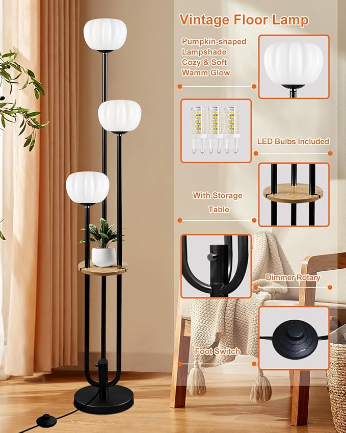 Lightdot Black Floor Lamp with Table, Modern Dimmable Floor Lamps with Pumpkin Lampshade, 3000K Warm White Bulbs Included, 3-Light Tall Standing Lamp for Living Room/Bedroom/Sofa Beside/Corner Decor