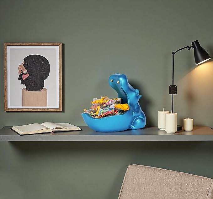 Hippo Statue, Hippo Resin Furniture Ornament Sculpture, Suitable for Home Decor, Desktop Hippo Candy Bowl, Entryway Table Storage Vessel, Storage Box (Blue)