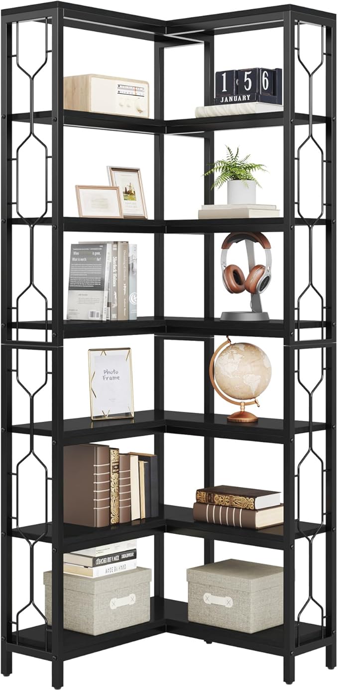 Tribesigns Corner Shelf, 7-Tier Industrial Corner Bookshelf, Wood and Metal Corner Etagere Bookcase, Freestanding Display Shelf for Living Room, Kitchen, Home Office, All Black