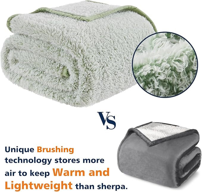 EMME Soft Sherpa Fleece Blanket Reversible Plush Fluffy Large Blanket, Light Weight Warm Decorative Boho Blanket Cover for Sofa, Couch, Bedroom,Travel(Plush Sage,60"x80")