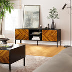 Bme Vivian TV Stand, 59 Inch Media Console Table with Herringbone Pattern Doors, Solid Wood & Metal Frame, Rustic Golden Brown – Retro-Inspired Modern TV Console for Living Room, Entertainment Center