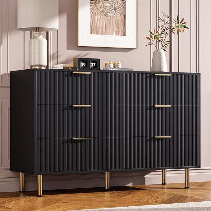 GarveeHome Fluted 6 Drawer Dresser for Bedroom, 47.2 in Wide Modern Chest of Drawers with Deep Drawers, Large Double Dresser TV Stand, Wooden Organizer for Living Room, Hallway, Kids Room, Black