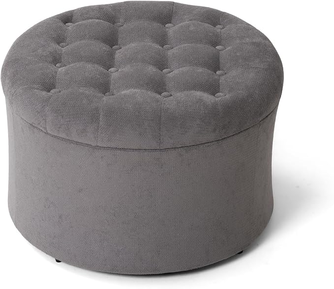 ONBRILL 25" Ottoman with Storage, Round Pouf Ottoman Foot Rest, Small Storage Foot Stool for Couch Bedroom Living Room, Books, Blankets & Kid's Toy Box, Load up to 220 lbs, Grey