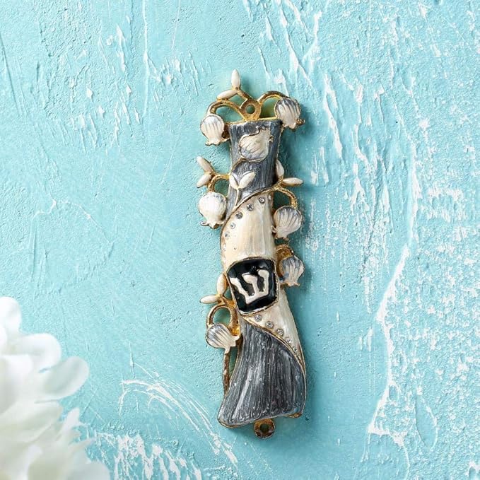 Matashi Hand Painted Mezuzah Gold Plated and Crystals (Grey & White Enamel)