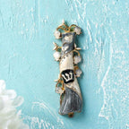 Matashi Hand Painted Mezuzah Gold Plated and Crystals (Grey & White Enamel)