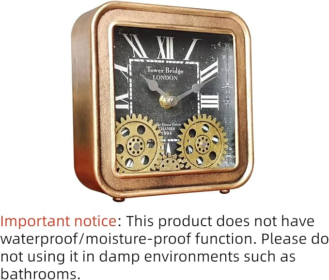 Vintage Steampunk Desk Clock, 6 Inch Metal Industrial Table Clock with Moving Gears, Silent Non-Ticking Quartz, Battery Operated Shelf Decor for Home Office Living Room (Gold)