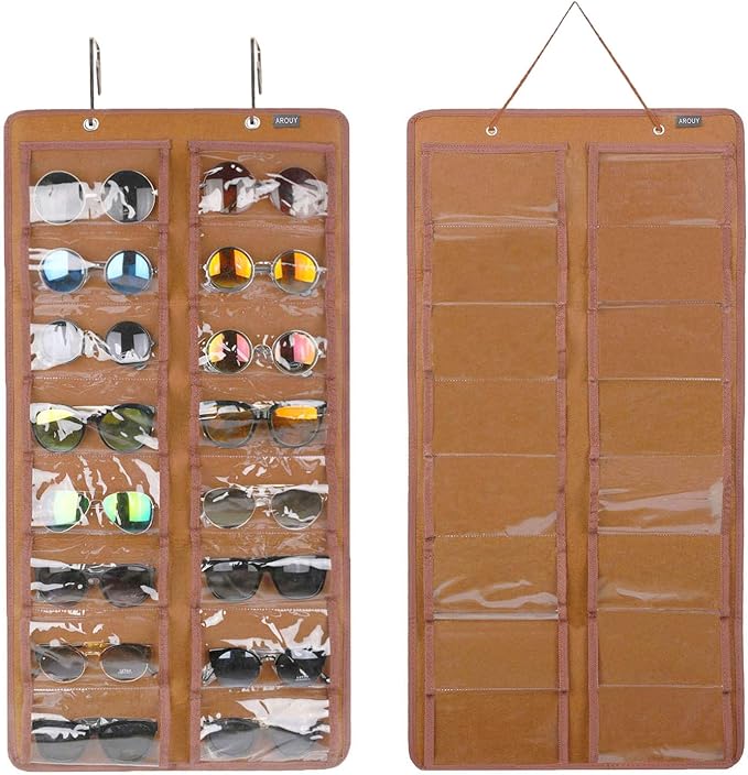 AROUY Sunglasses Organizer Storage, Hanging Dust Proof Wall Pocket Glasses Organizer - 16 Felt Slots Sunglass Organizers Holder with Metal Hook and Sturdy Rope (Brown, Dust Proof)