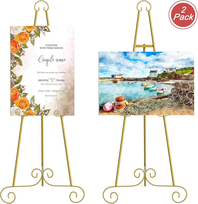 2 Pack Metal Round Tube Scroll Display Easel, Vintage Gold Decorative Large Adjustable Floor Standing Easel with Chain Support, Perfect for Showcasing Pictures, Artwork, Picture Frame Wedding Sign Etc