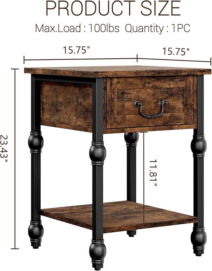 Takywep Small End Table with Drawer & Open Shelf, Vintage Nightstand with Gourd Joint Details, Apartment Square Sofa Beside Table with Storage Shelf for Living Room, Bedroom, 16 * 23in Retro Brown