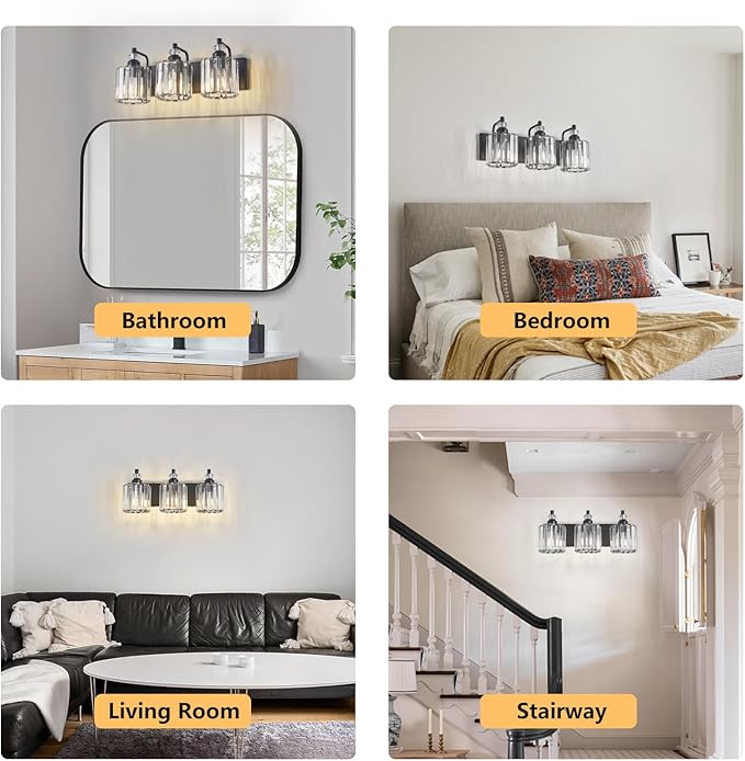 3-Light Black Bathroom Light Fixtures Over Mirror Modern Vanity Lights Crystal Wall Sconce Vintage Bathroom Lighting with Crystal Shade E26 Base for Bedroom, Living Room, Hallway