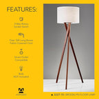 Adesso Floor Lamp with Walnut Tripod Base and White Linen Lampshade – Lamp for Bedroom, Living Room, and House Décor, 63” x 20”