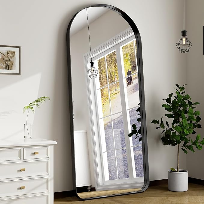 71''x30'' Full Length Mirror with Stand, Large Arched Floor Mirror for Bedroom, Living Room or Closet, Wall-Mounted or Freestanding, Black Aluminum Alloy Frame