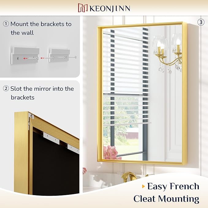 Keonjinn Gold Bathroom Mirror 48 x 30 Inch, Gold Trimmed Bathroom Wall Mirror, Large Brushed Metal Frame Mirrors for Over Sink, Modern Farmhouse Vanity Rectangle Mirrors(Horizontal/Vertical)