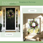 Solar Spring Wreath for Front Door Pre-lit 24inch 50LED Wreaths Spring Summer Decor for Outside Aftificial Wreaths Purple Morning Glory Wreath for Wall Festival Farmhouse Decor(2405)