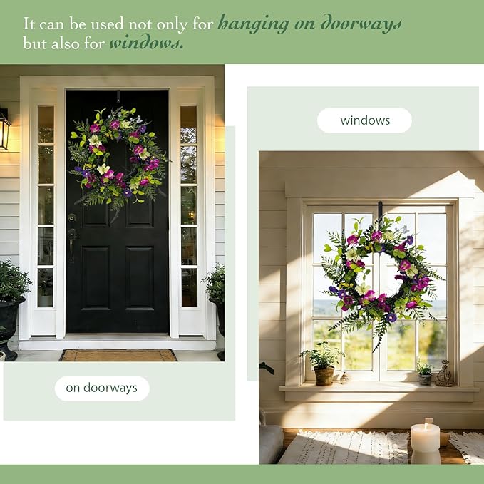 Solar Spring Wreath for Front Door Pre-lit 24inch 50LED Wreaths Spring Summer Decor for Outside Aftificial Wreaths Purple Morning Glory Wreath for Wall Festival Farmhouse Decor(2405)