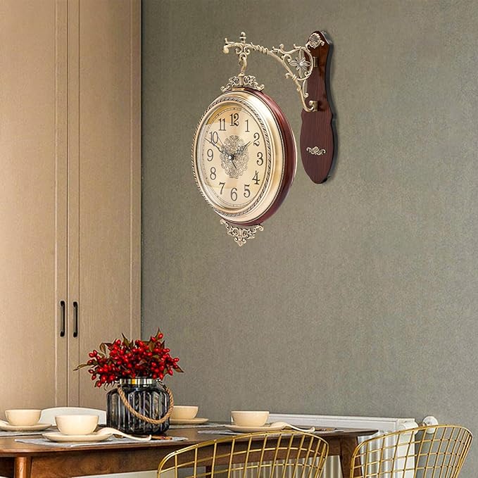 Coffee Double Sided Large Wall Clock, Elegant, Traditional, Vintage Style 360° Rotating Metal Wall Clock, Indoor Outdoor Office Living Room Porch Clock Wall Decor (Coffee Double Sided Clock)