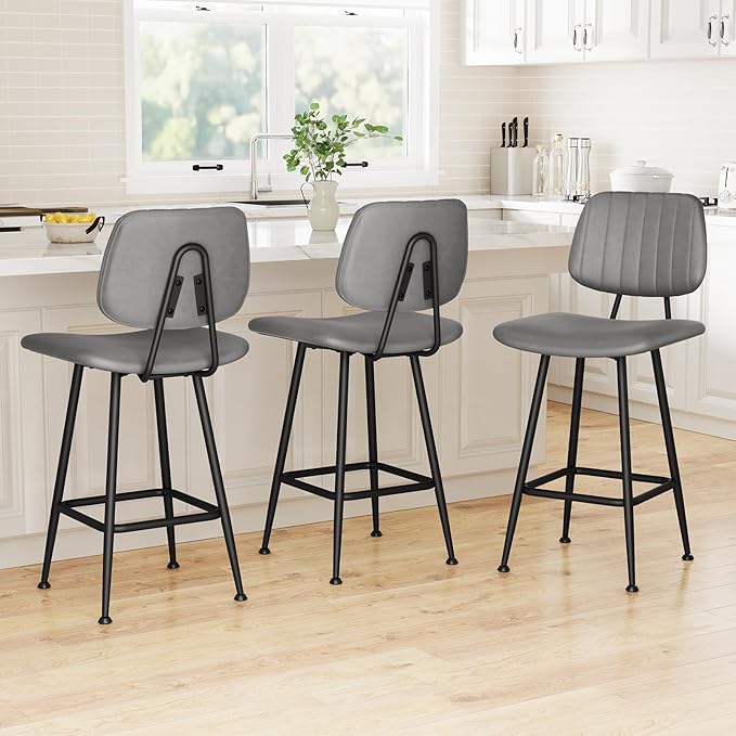 24-Inch Leather Bar Stools Set of 3, Counter Height Barstools with High Backrest，Bar Chairs for Kitchen Island with Heavy Duty Metal Base, Gray