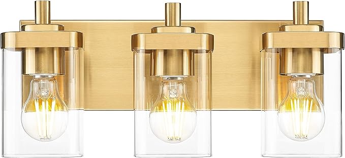 Bathroom Light Fixtures Over Mirror, 3-Light Brushed Gold Vanity Light with Square Clear Glass Shade, Modern Wall Sconces, Vanity Lighting Fixtures, VL194-BG-3