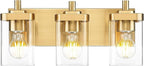 Bathroom Light Fixtures Over Mirror, 3-Light Brushed Gold Vanity Light with Square Clear Glass Shade, Modern Wall Sconces, Vanity Lighting Fixtures, VL194-BG-3