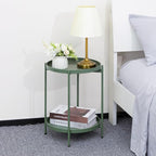 HollyHOME 2-Tier Round Side Table, Outdoor Small Folding Accent Stand with Removable Tray, Anti-Rust Metal Asional Table for Balcony Patio Living Room, Nightstand for Bedroom(Matcha Green)