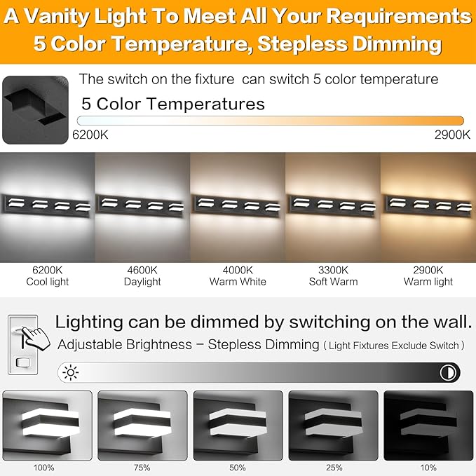 SOLFART 4 Lights Bathroom Vanity Lighting Over Mirror,5 Color Temperature Adjustable Matt Black Vanity Light, LED Light Fixtures, Light Over Mirror