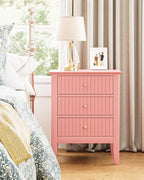 Fluted Nightstand, Farmhouse Night Stand with 3 Drawers, Mid Century Modern Side Accent Table,Bedside End Table for Bedroom, Living Room, Pink