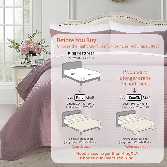 KASENTEX King Quilt Set 104"x90" – Soft Washed 3-Layer Lightweight Bedspread, Minimalist Nordic Design, All-Season Spring & Summer Quilt Set (1 Quilt + 2 Pillow Shams),Twilight Mauve Purple