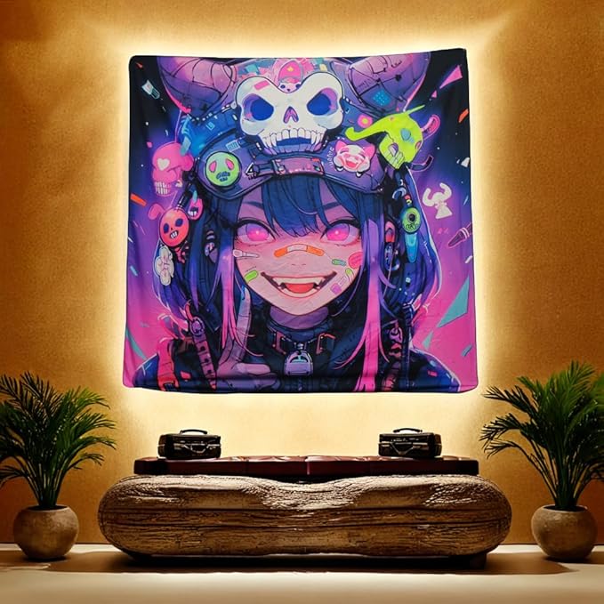 HOUHUANG Hanging paintings, blacklight tapestry, murals, and decorative paintings, fluorescent anime, cartoons, polyester material (59 "x 59") for families, bars, and outdoor parties (Halloween Girl)
