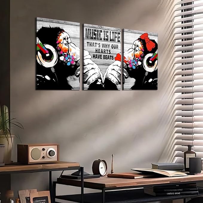 Novatique Banksy Canvas Wall Art Street Wall Art Music is Life Monkey Graffiti Pictures Print Graffiti Art Wall Decor for Living Room Bedroom Bathroom, 12" x 16" x 3Pcs