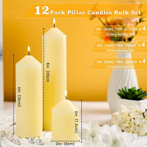12 Pcs Ivory White Pillar Candles Bulk,2x3 2x6 2x8 Inch-4 Each Size,Large Christmas Pillar Candles Set of 3,Unscented Dripless Smokeless Hurricane Candles for Wedding Engagement Party Ceremony