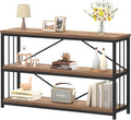 IBF 3 Tier Bookshelf Storage Organizer, Industrial Short Wide Open Horizontal Bookcase, Farmhouse Low Wood Metal Book Shelf for Office, Modern Vintage Etagere in Bedroom Living Room, Rustic Oak, 47 In