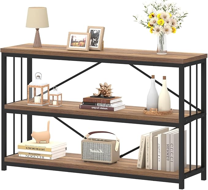 IBF 3 Tier Bookshelf Storage Organizer, Industrial Short Wide Open Horizontal Bookcase, Farmhouse Low Wood Metal Book Shelf for Office, Modern Vintage Etagere in Bedroom Living Room, Rustic Oak, 47 In