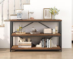 IBF Farmhouse Low 3 Tier Bookshelf, Industrial Rustic Horizontal Wood Bookcase, Modern Wide Open Metal Etagere with Storage, Vintage Book Shelf for Office Bedroom Living Room, Rustic Brown, 47 Inch