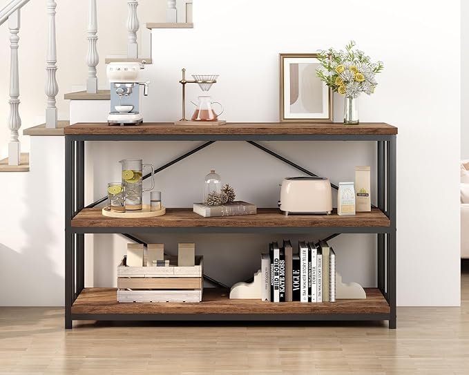 IBF Farmhouse Low 3 Tier Bookshelf, Industrial Rustic Horizontal Wood Bookcase, Modern Wide Open Metal Etagere with Storage, Vintage Book Shelf for Office Bedroom Living Room, Rustic Brown, 47 Inch