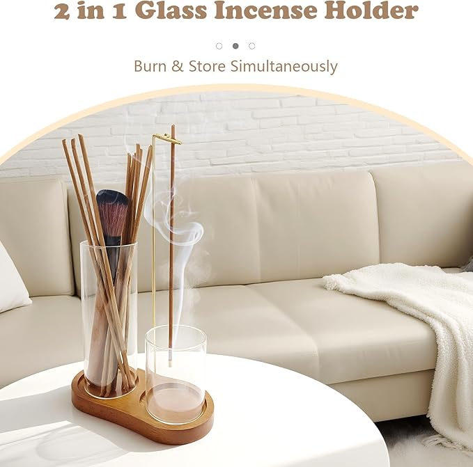 2 in 1 Glass Incense Holder and Burner with Ash Catcher and Stick Storage,Anti-Ash Flying, Mess-Free for Meditation Yoga Spa Gift Home Decor