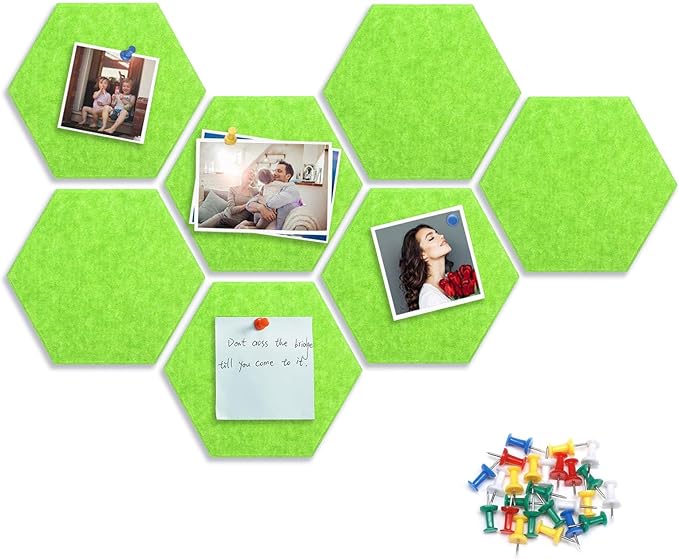 8 Packs Green Hexagon Felt Pin Board, 12" Bulletin Board with 30 Push Pins, Felt Board for Home Kitchen Office Decor, Self-Adhesive Corkboard Tiles for Walls School Message Photos Memos