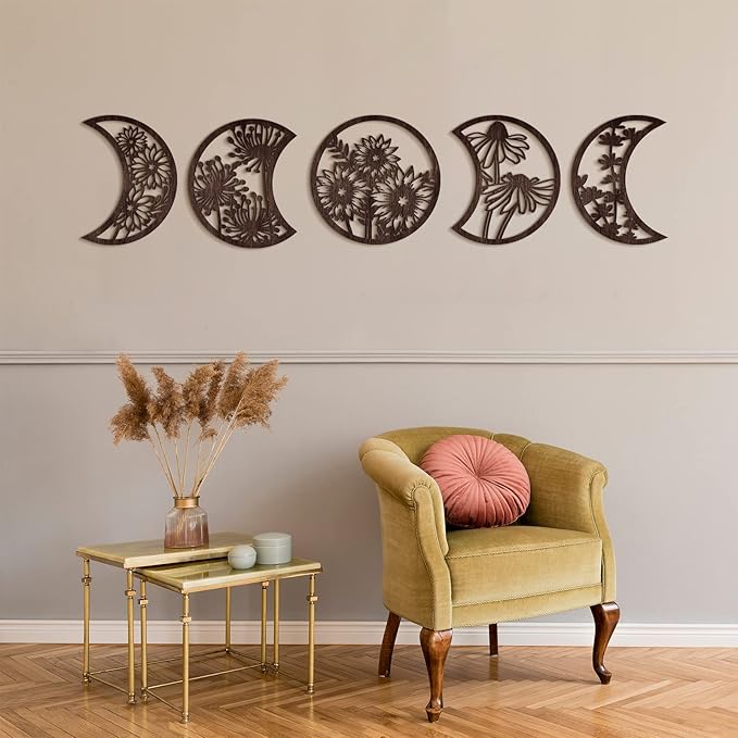 Jetec 5 Pcs Moon Phase Wall Art Decor Wall Pediments Hanging Wooden Phase Spiritual Bedroom Nordic Boho Lunar Aesthetic Art for Living Room Dorm Apartment Ornament(Brown,10.6 Inch,Flower)