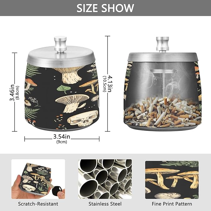 Mushrooms Skull Plants Black Ashtray with Lid, Outdoor Ashtrays for Patio, Stainless Steel Ashtray Odorless Smokeless for Home Office Balcony