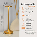 Rechargeable Table Lamp Cordless - 6000mAh Battery Operated LED Table Light - Portable Touch Dimmable Outdoor Waterproof Table Lamps for Patio Restaurant Dining (2 Gold)