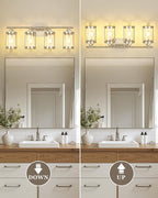 4-Light Brushed Nickel Bathroom Light Fixtures, 29 Inch Modern Bathroom Vanity Lighting Fixtures Over Mirror with Clear Glass and Metal Cage Wall Sconce Lights for Bath, E26, OS-3014BN-4W
