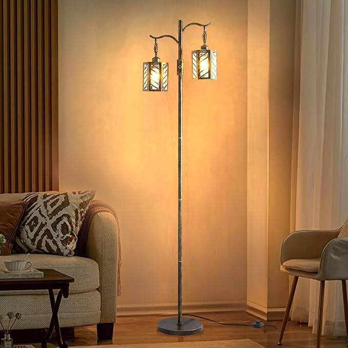 Industrial,Vintage Dimmable Floor Lamp,2 Classical Lanterns Standing Lamp, Rustic Farmhouse Floor Lamp with Bronze Gold Finish, for Living Room Bedroom (Bronze)