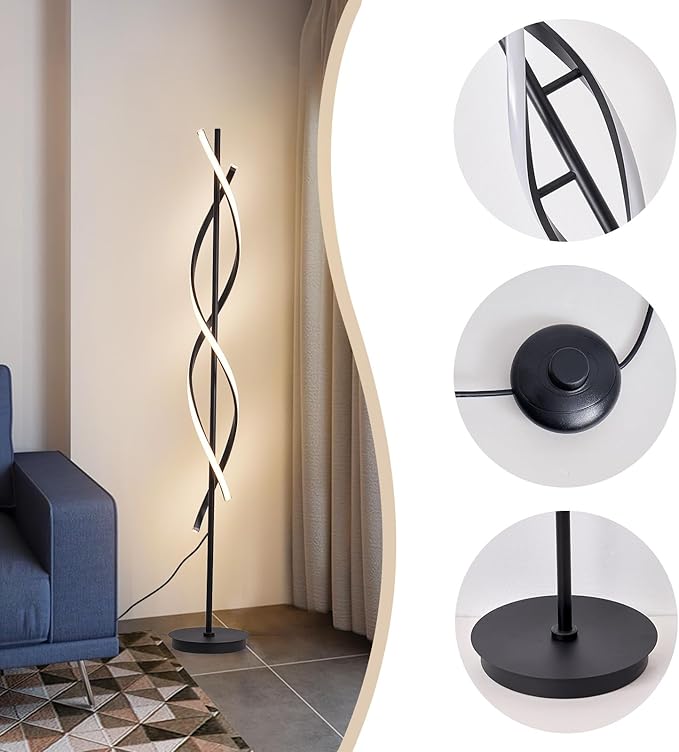 Modern Floor Lamp, 40W 3 Colors Stepless Dimmable and Color-Changing Bright Floor Standing Tall Lamp for Living Room,60" Unique Spiral Floor Lamp for Bedroom Office with Remote Black
