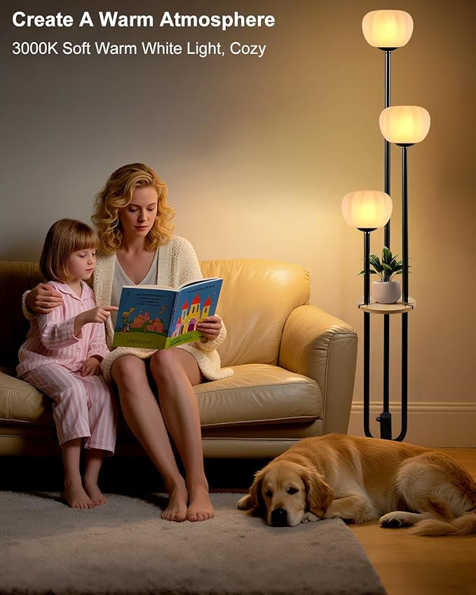 Lightdot Black Floor Lamp with Table, Modern Dimmable Floor Lamps with Pumpkin Lampshade, 3000K Warm White Bulbs Included, 3-Light Tall Standing Lamp for Living Room/Bedroom/Sofa Beside/Corner Decor