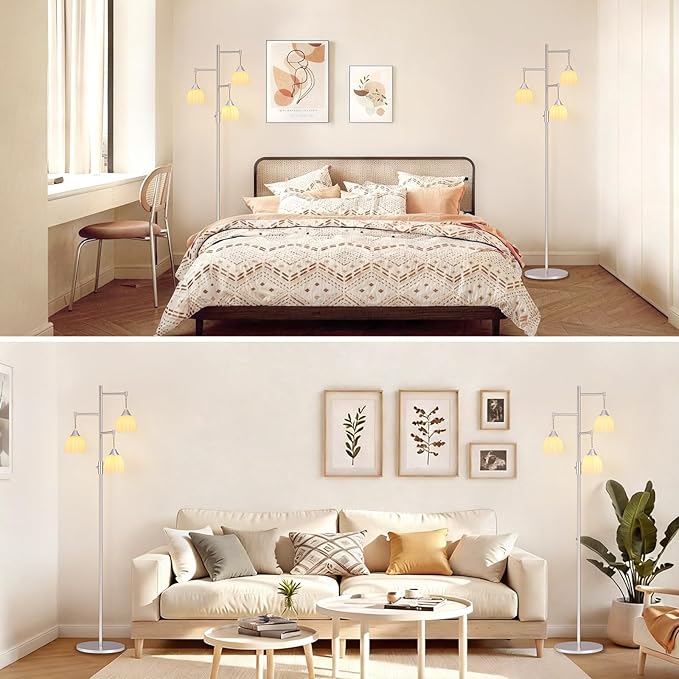 Dimmable Floor Lamp for Living Room, Bedroom, Nickel Standing Lamp with 3pcs 6W Bulbs, Vintage Floor Lamps for Corner, Nursery (White Tulip)